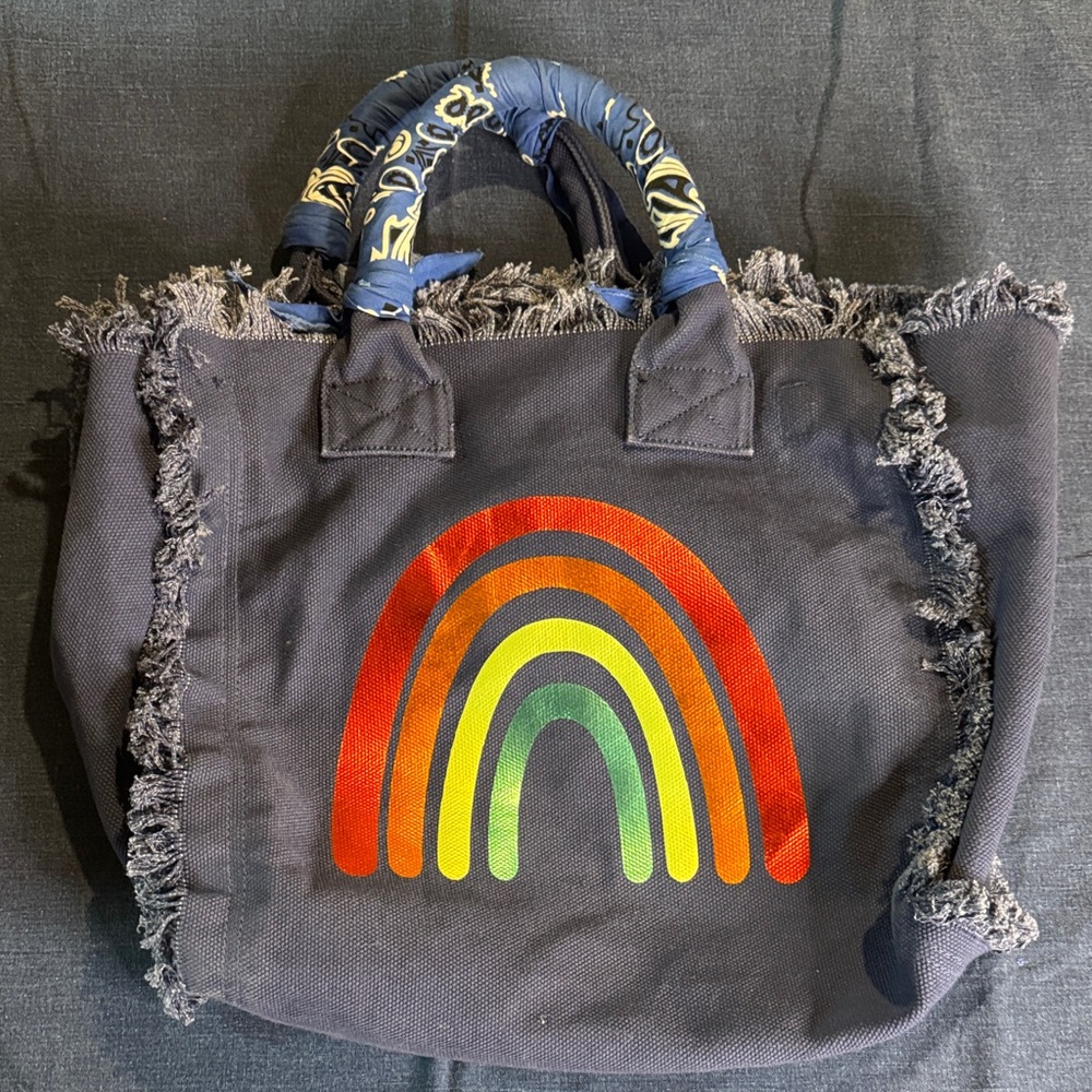 Hipchik Frayed Gray Tote Bag with Rainbow Design